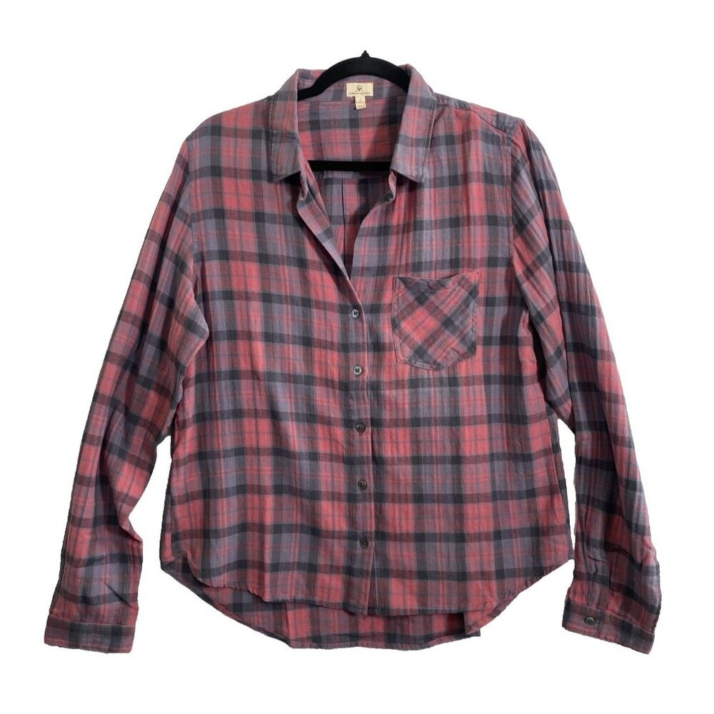 JOHNNY‎ COTTON Women Plaid Flannel Button Shirt Long Sleeve Sz L Pink Purple 8-8